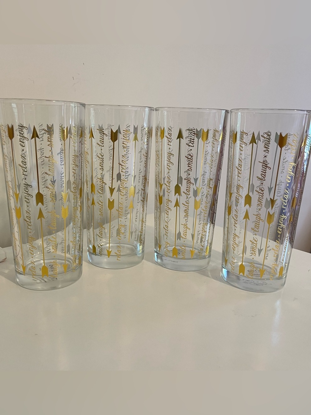 Vtg TMD HOLDINGS Gold Arrows High Ball Glasses Set Of 4 Smile Laugh, Enjoy Relax